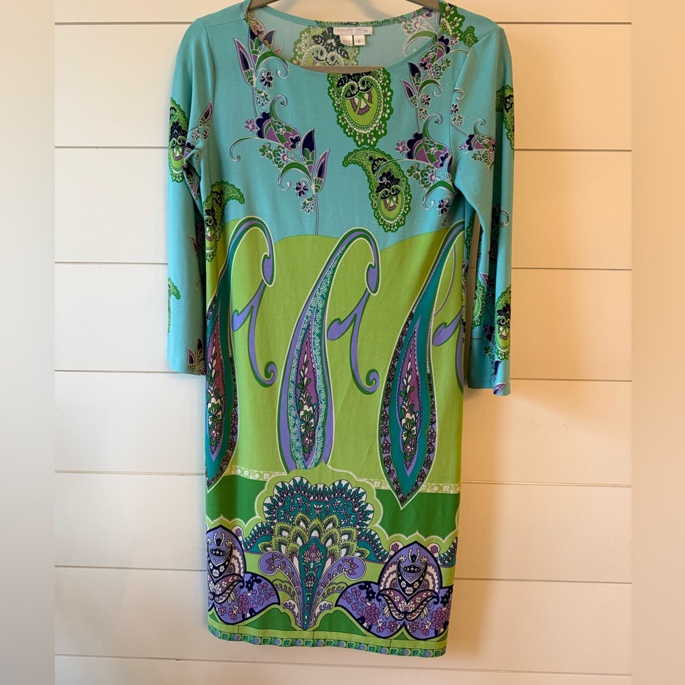 Colorful Paisley Sheath Dress Blue Green Boho Preppy Work Spring Size 4